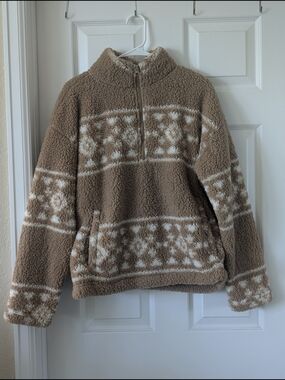 Daisy Fuentes Brown & Cream Sherpa Half-Zip Pullover